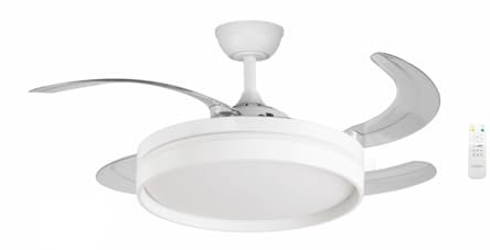 Bastilipo - FALESIA - Blanco, Ventilador techo de 4 palas retractiles 50cm, motor DC 40W, mando a distancia, Luz LED 3 colores 36W, 106 cm