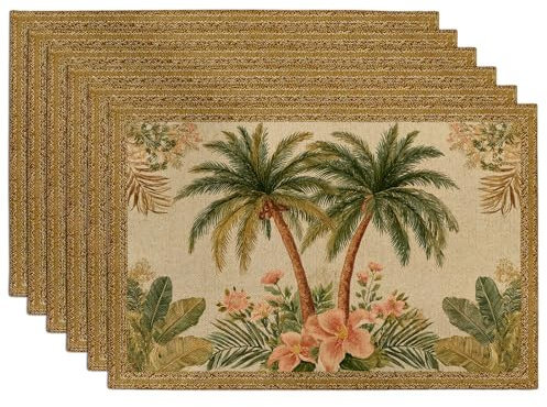 Lot de 6 sets de table motif feuilles de palmier tropicales beiges pour fêtes d'été, antidérapants, lavables, pour intérieur et extérieur