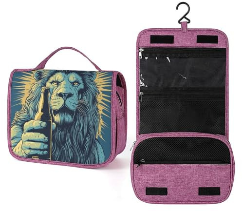 Majestic Lion Holding A Bottle of Beer Travel Toiletry Bag for Women,Hanging Makeup Organizer with Hook for Shampoo