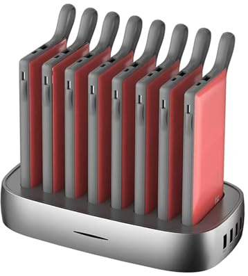 Domars Charging Station with 8x10000mAh Portable Power Banks,Portable Charger,Customisable With Your Own Logo,4-Port USB Fast Charging Hub,Built-in Cables for Mobile Phones,Laptops,Bluetooth (red)