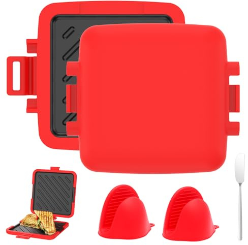 Sandwichmaker mit Antihaftbeschichtung Sandwichtoaster Klein Mikrowellengeeignet Panini Maker mit Buttermesser Handklemme für Sandwiches Mini Pizzen Grillwürstchen Omeletts (Roter Split-Stil)