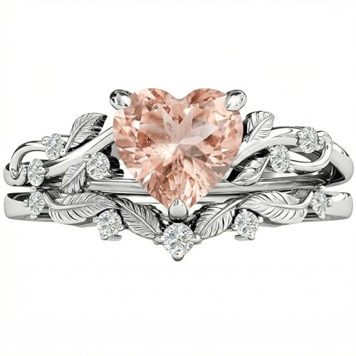 SILACETE 10K 14K 18K Gold Herz Geburtsstein Verlobungsring Set für Damen Blatt Art Deco Ring Herzschliff Vintage Ranke Geburtsstein Braut Hochzeits Versprechen Ring Set Größe4~15