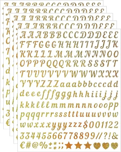 5 Blätter Craft Letter Aufkleber, 1000 PCS Glitter Script Alphabet A-Z Vinyl selbstklebend für Geschenkverpackungen, Partykarten, Hochzeitseinladungen, Scrapbook, Journale, DIY Home Decor (Gold)