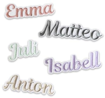 Name gestickt, Bügelpatch mit individuellem Namen zum Aufbügeln, Bügelmotiv, hochwertige Stickerei, Bügelbild Wunschname, Schriftzug, Schultüte, Geburtsname (Weißer Hintergrund, Klein (ca. 3cm hoch))