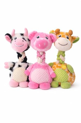 Kingdom pet care essentials Plush Dog Toys with Rope & Squeaker – 3 Pack Bundle Soft Animal Dog Chew Toys for Small & Medium Dogs (Pig, Cow, Giraffe)