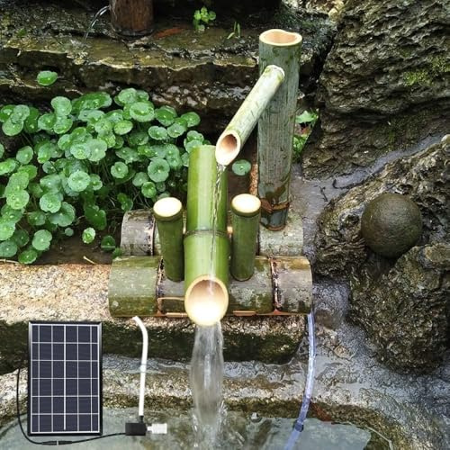 Fuente de agua solar de bambú, cascada decorativa al aire libre con panel solar, boquilla japonesa, hecha a mano para jardines