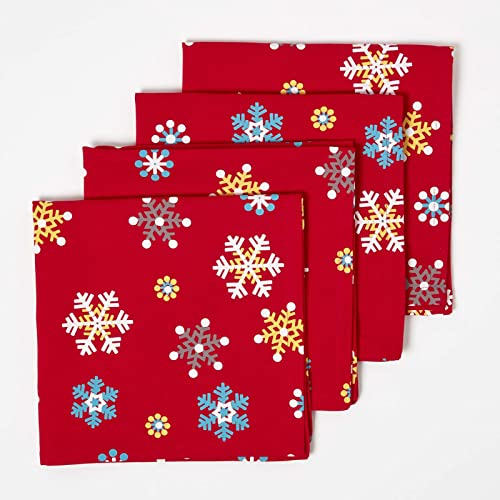 HOMESCAPES 4er-Set Weihnachts-Servietten rot mit Schneeflocken-Motiv 45x45 cm, hochwertige Stoffservietten aus 100% Baumwolle, Tischservietten waschbar