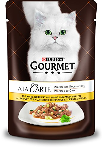Gourmet PURINA A la Carte Katzenfutter nass, mit Huhn, Spinat und Pasta-Perlen, 24er Pack (24 x 85g)