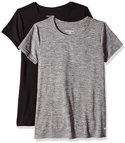 Amazon Essentials Women's Active Quick Dry Tech Stretch Short-Sleeve Crewneck T-Shirt (Available in Plus Size), Pack of 2, Black/Dark Grey Space Dye, M