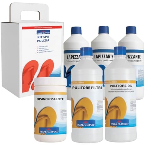 PISCINA SEMPLICE, Kit Spa Pulizia, Pulizia e Disincrostazione della Spa, Kit da 4 Componenti, Pulitore Filtri Lt.1,Pulitore Oil Lt. 1,Disincrostante kg.1,5, Lapizzante Lt.1 x 3 PZ