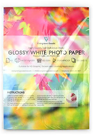 Evergreen Goods 100 Blatt A3 | Glänzend weißes selbstklebendes Fotopapier | Aufkleberpapier für Tintenstrahl- und Laserdrucker | Papier zum Gestalten, für Etiketten, Aufkleber | Zuhause und im Büro