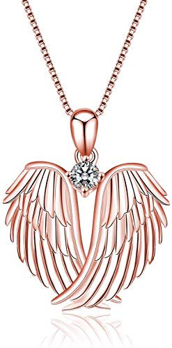 VONALA Guardian Angel Wings Necklace Sterling Silver Pendant with Sparkle Cubic Zirconia Jewellery For Women Girls Birthday Gift Birhstone April Rose Gold Plated