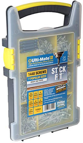 Ulti-Mate Bright Zinc Site Pack Assortment - 1440 Screws 4 Stick-Fit Driver Bits in 7 Popular Sizes, bright zinc (silver)