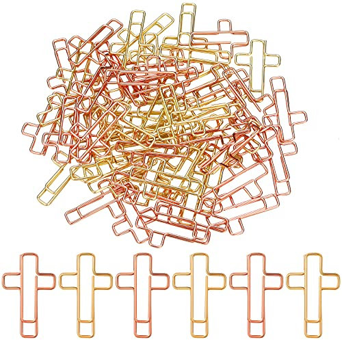 Lot de 100 trombones en forme de croix - Dorés et or rose - En métal - Avec boîte en plastique transparent - Pour classer et organiser des documents