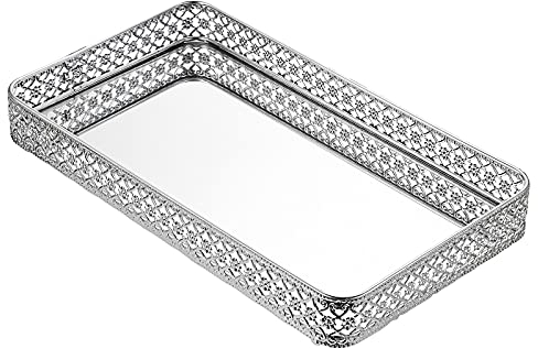 BSTKEY 35x20cm Vanity Mirror Tray Jewelry Trinket Tray, Decorative Tray for Cosmetic Makeup Dresser Bathroom Bedroom Countertop Organizer, Silver