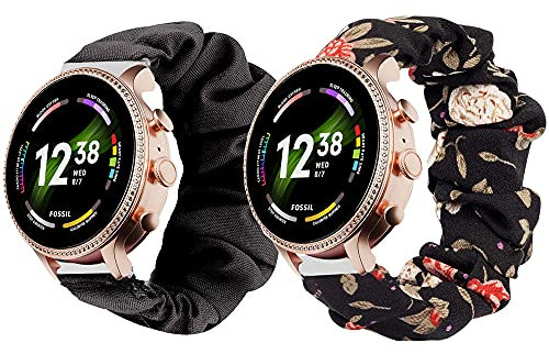 Compatible for Fossil Gen 6 Smartwatch Band, Giaogor Fabric Elastic Scrunchie Elastic Replacement Straps Compatible for Fossil Gen 6 42mm / 44mm Smartwatch (2 pack-Black+Black flower, 42mm case women)