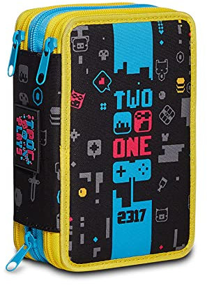 Seven Astuccio Scuola Portapenne Two Players One Console - 3 Zip Completo di Pennarelli, Matite, Ecc - Accessoriato, Nero