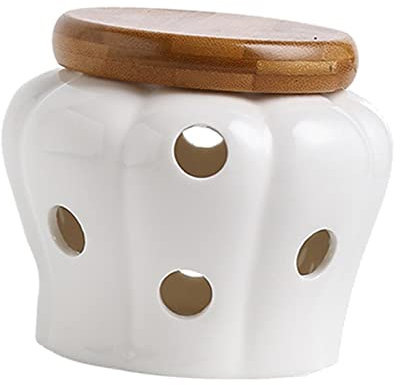 Dickly Ceramic Garlic Keeper Garlic Jars Vented with Lid Garlic Cellar Pot Canister, White