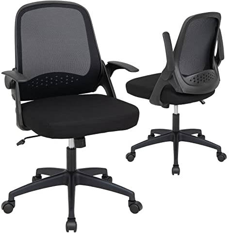 COSTWAY Ergonomischer Bürostuhl mit klappbaren Armlehnen, Schreibtischstuhl mit mittlerer Rückenlehne, Wippfunktion & Lordosenstütze, höhenverstellbarer Drehstuhl, bis 150 kg belastbar (Schwarz)