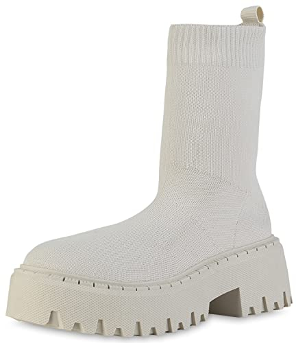 VAN HILL Damen Stiefeletten Plateau Boots Blockabsatz Schuhe Stiefel Strick Plateauschuhe Stoff Booties Profilsohle Schlupfschuhe 208721 Creme 40