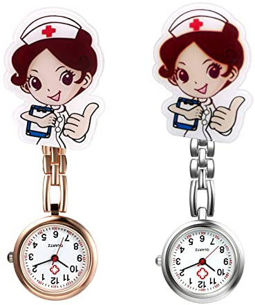 Avaner Schwesteruhr Cartoon Krankenschwesteruhr 2 Stücke Damen Taschenuhr mit Clip Kitteluhr FOB Uhr Pflegeruhr Anlog Quarzuhr ALS Geschenke für Arzt Doktor Krankenschwester