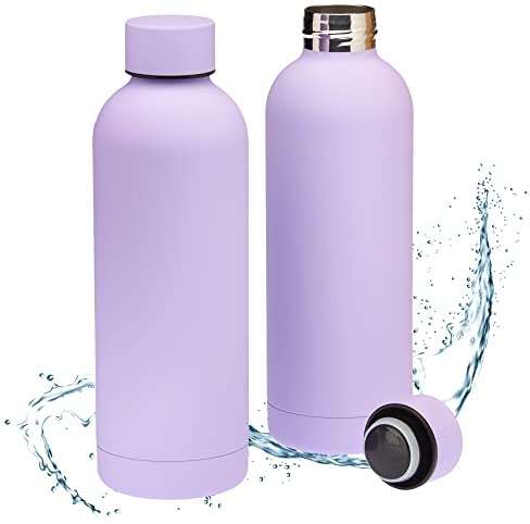 Smart-Planet 2er Set Trinkflasche Edelstahl 500ml Wasserflasche - Lila - edle Touch Beschichtung - 0,5l Thermosflasche Edelstahltrinkflasche auslaufsicher für Sport, Gym, Outdoor