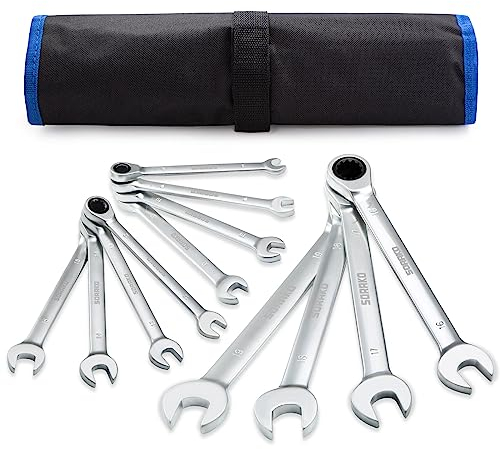 SORAKO Llaves Fijas 12Pcs, Llaves Fijas con Carraca 8-19mm con Bolsa de Almacenamiento, Juego de llaves, llaves Combinadas, Engranaje de Trinquete de 72 Dientes