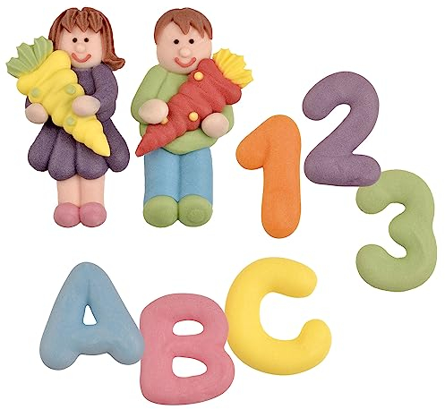 Zuckerdekoration zur Einschulung - 8 Zuckerfiguren: Mädchen und Junge mit Schultüte, 123, ABC - Set für den Schulanfag für Muffins, Torten, Kuchen und Cupcakes