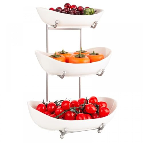YYW Obstschale mit 3 Etagen für Küchentheke, weißer Keramik-Obstständer für Arbeitsplatte, Obstregal mit Halter, Obstkorbständer, Gemüseschale, Snacks, Nüsse, Brot, Süßigkeiten Aufbewahrung (weiß)
