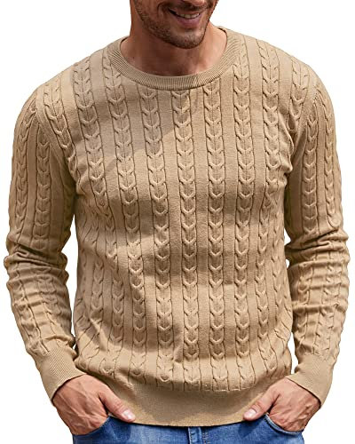 NITAGUT Men's Jumpers Sweater Crewneck Cable-Knit Pullover Sweater Khaki,Medium