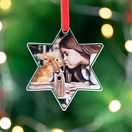 Wanapix | Adorno Navidad de Metacrilato Personalizado | Adorno para Árbol Navidad Personalizado con Foto | Incluye 2 Cintas de Terciopelo para Colgar, Verde y Roja | Estrella