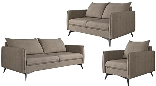 S-Style Möbel Nina Sofagarnitur 3 2 1 Polstergarnitur Couchgarnitur Couch-Set 3-Sitzer Sofa 199x91x86cm 2-Sitzer Sofa 138x91x86cm Sessel 74x91x86cm Schwarze Metallfüße Dunkelbeige