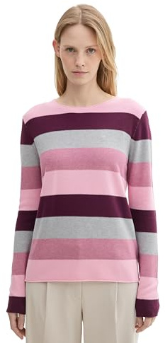 TOM TAILOR Damen Strickpullover mit Rundhals, 36285 - Red Block Stripe, XXL