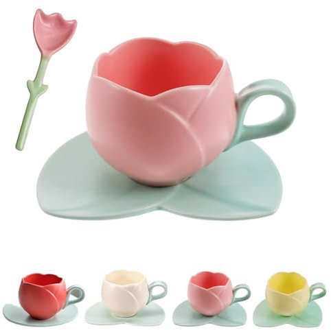 Tulpen-Kaffeetasse, Tulpen-Tasse, Tulipan-förmige Keramik-Kaffeetasse, handtaschenförmige Tasse und Untertasse Für das Homeoffice (Pink, 300ml)
