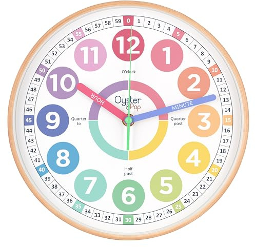Oyster&Pop Pastel Kids Learning Clock – Award-Winning 10 Silent Non-Ticking Analog Wall Clock for Classroom & Kids Bedroom – Cute Colorful Decor & Educational Tool – Includes Teaching Time E-Book