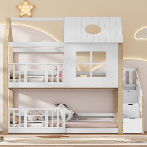YESGIGA Litera con escalera de almacenamiento, cama de casa, cama infantil, con rejilla anticaídas, con ventana y techo