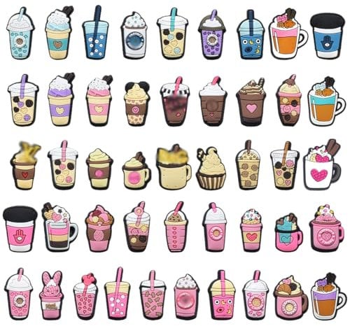 ZPSOSPZ Milk Tea Cup Shoe Charms,46PCS Milk Tea Shoes Decoration Bubble Drink Cup Shoes Accessories Foods Shoe Charms DIY Different Shape Croc Charms Cartoon Shoe Decoration For Clog For Boy Girl