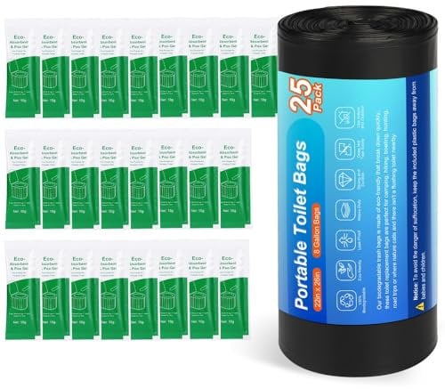 80 Portable Toilet Bags, Camping Toilet Bags, Biodegradable Porta Potty Bags, Thickened Toilet Waste Bags for 5 Gallon Bucket Toilet, Compostable Bags (25 Toilet Gel+25 Toilet Bags)