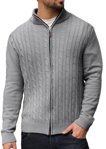 Les umes Men's Cardigan Sweaters Full Zip Stand Collar Cable Knitted Sweater Cotton Long Sleeve Zipper Cardigans