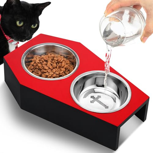 Teenyyou Gothic Cat Food Bowls 5° Raised Elevated Wooden Coffin Cat Bowl for Indoor Kitty Feeder Stand with 2 Stainless Steel Food Water Supplies for Christmas Animal Lovers Gift