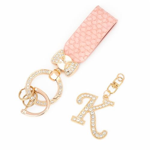 FIDWALL Personalisierter Buchstaben Schlüsselanhänger, Leder Auto Schlüsselanhänger, Glitzer Schlüsselanhänger und Schlüsselband Kurz - Perfekt für Auto. (K)