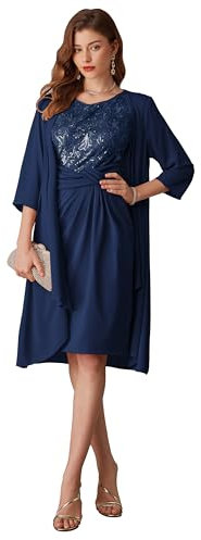 GRACE KARIN Formeller Damenanzug für Hochzeitsgäste Wickelkleid mit Pailletten + eleganter Chiffon-Cardigan Marineblau