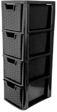 KYY’Z 4 Drawer Storage Unit Rattan Effect A5 Medium Plastic Storage Drawer Unit 4 Tier Storage Cabinet Chest Tower Home Kitchen Office School Garage Living (Black, 4 Drawers Medium)