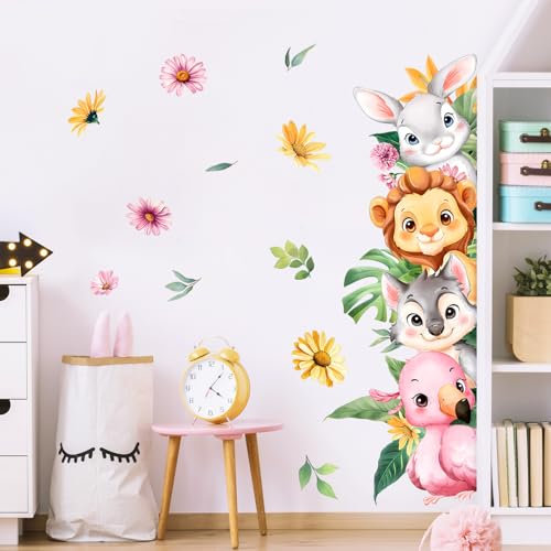 Supzone Wandtattoo Dschungeltiere Wandaufkleber Rosa Flamingo Bär Löwe Kaninchen Tropische Blätter Blumen Wandsticker für Mädchenzimmer Kinderzimmer Babyzimmer Schlafzimmer Türen Wanddeko