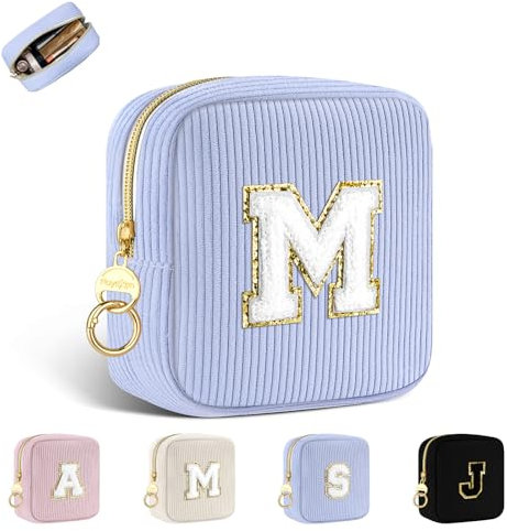 Petit Trousse Personnalisable Pochette Maquillage Femme Mini Trousse de Toilette Fille avec Initiale Sac de Cosmétiques en Velours Côtelé Personnalisée Cadeau Anniversaire Noël Filles Maman(Bleu-M)