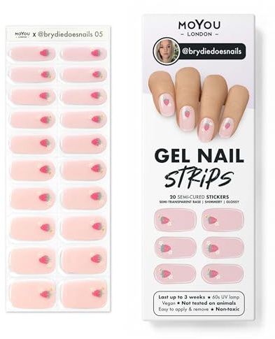 MOYOU LONDON Semi Cured Gel Nail Strips - 20 Pcs. Waterproof Gel Nail Wraps, Cures in Sunlight or UV/LED Lamp, Lasts Up to 2+ Weeks, Stretchable, Easy to Apply & Remove, Vegan & Cruelty-Free