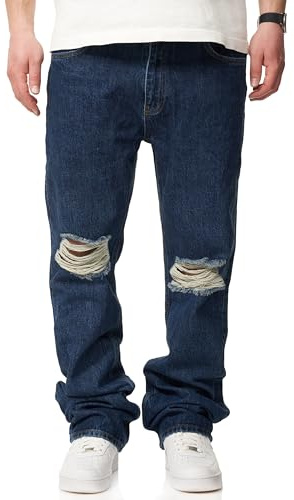 behype. Herren Jeans Ripped Straight-Fit Jeanshose 100% Baumwolle Denim Hose Used Look Men's DC_JN-246-Medium Blue-W30/L32