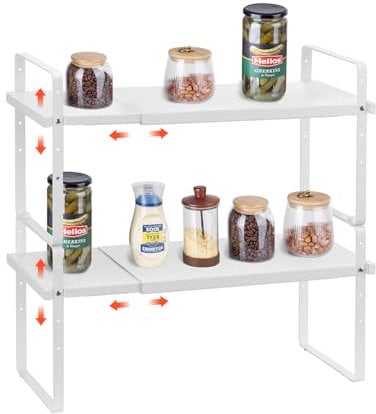 VEVOR Adjustable Kitchen Cabinet Shelf Organizer, Expandable 2 Tier Cabinet Shelf, Stackable Countertop Organizers and Storage Shelf Risers, Pantry Organizers for Kitchen Bathroom Office, White