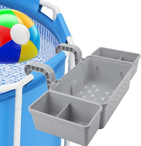 SOARFLY Panier de rangement pour piscine, panier de rangement suspendu avec 2 porte-gobelets, en plastique recyclé, pour accessoires de piscine hors sol, gris