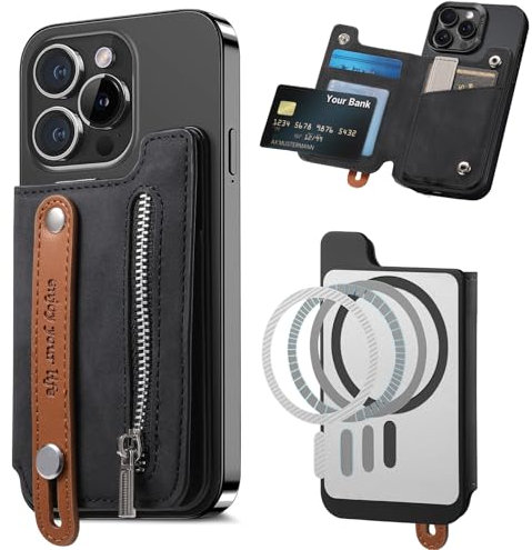 Ysnzaq Porte-Cartes pour Magsafe, Compatible avec Magsafe Wallet pour Téléphone avec Fermeture éclair, 5 Cartes, Portefeuille Magnétique pour iPhone Série 16/15/14/13/12-SDLW Black